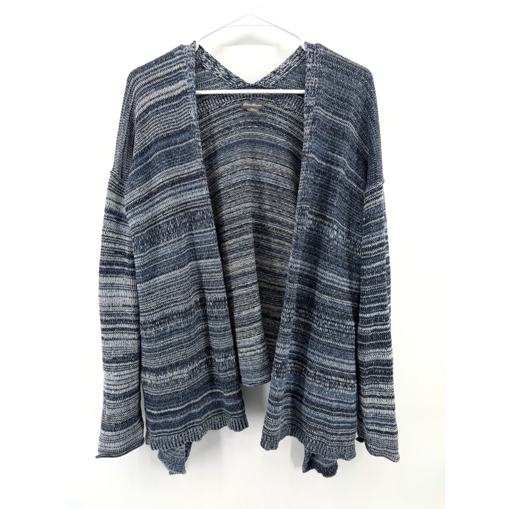 Eddie Bauer Blue Gray Sweater Open Front Waterfall Cotton Knit Cardigan Women M